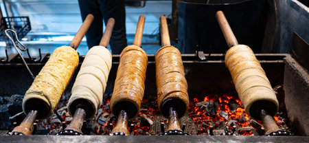 Traditional Hungarian chimney cakes (kÃ¼rtÅskalÃ¡cs) baking on rotating spits over glowing charcoal. A detailed food scene capturing the authentic preparation of this popular street dessert, perfect for culinary, cultural, and travel-related projects.の写真素材