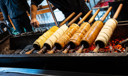 Traditional Hungarian chimney cakes (kÃ¼rtÅskalÃ¡cs) baking on rotating spits over glowing charcoal. A detailed food scene capturing the authentic preparation of this popular street dessert, perfect for culinary, cultural, and travel-related projects.の写真素材
