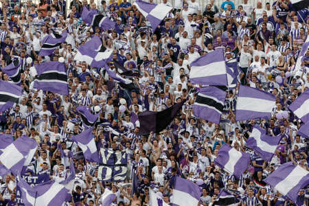 BUDAPEST, HUNGARY - MAY 25, 2014: Supporters of Ujpest during Ujpest vs. Diosgyori VTK Hungarian Cup final football match at Puskas Stadium on May 25, 2014 in Budapest, Hungary.のeditorial素材
