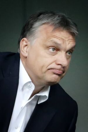 BUDAPEST, HUNGARY - APRIL 5, 2015: Prime minister of Hungary, Viktor Orban during Ujpest vs. Videoton OTP Bank League football match in Ferenc Szusza Stadium.のeditorial素材