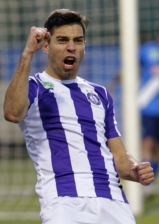 BUDAPEST, HUNGARY - FEBRUARY 20, 2016: Nemanja Andric of Ujpest celebrates his goal during Ujpest - MTK Budapest OTP Bank League football match at Szusza Stadium.のeditorial素材