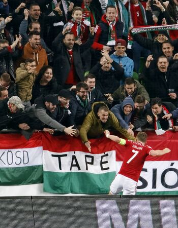 BUDAPEST, HUNGARY - MARCH 26, 2016: Hungarian Balazs Dzsudzsak is celebrated by the fans after his equalizer score during Hungary vs. Croatia international friendly football match in Groupama Arena.のeditorial素材