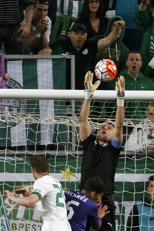 BUDAPEST, HUNGARY - APRIL 23, 2016: Goalie Szabolcs Balajcza of Ujpest catches the ball during Ferencvaros - Ujpest OTP Bank League football match at Groupama Arena.のeditorial素材