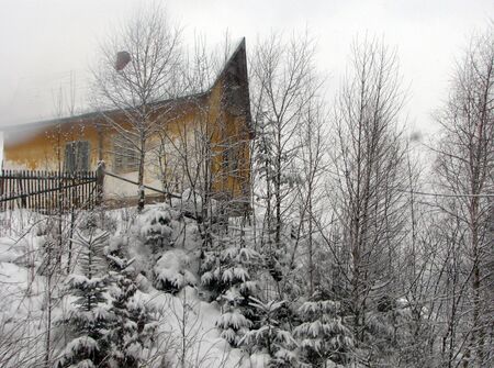 old house on a hill surrounded by trees in winterの写真素材