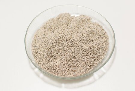 Dried chia seeds on a plate isolated on a white backgroundの写真素材