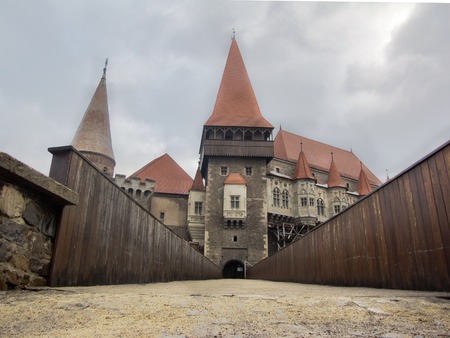 5 January 2013: the Transylvanian castle in winter with melting snow - Vajdahunyad / Hunedoara, Romania.のeditorial素材