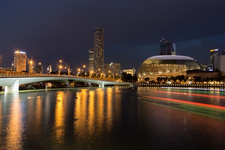 January 2017: Singapore night scenic image with streaks of light created by motion blurred boatsのeditorial素材