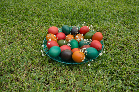 Colourful Easter Eggs in green grass
