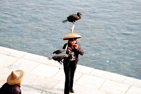 A woman holding bamboo stick with birdsのeditorial素材