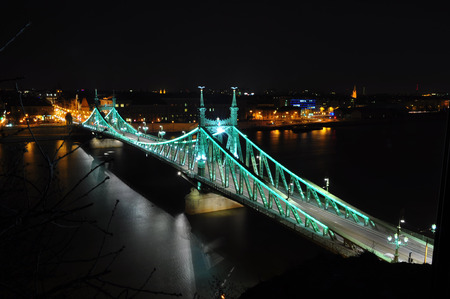 Budapest Liberty Bridge at night as seen from Gellerthegyの写真素材