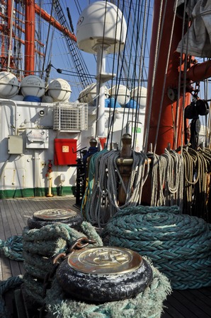 Port Amsterdam, Amsterdam, the Netherlands - August 22, 2015: Details of the main deck of the Sedov...