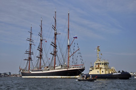 Port Amsterdam, Amsterdam, the Netherlands - August 23, 2015: The Sedov tall ship Russia cruising on the Ij river on the last day of the SAIL 2015 www.sail.nl, an international public nautical event held once in every 5 years since 1975.のeditorial素材