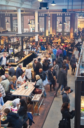 Amsterdam, Netherlands - 21 November, 2015: View of the food hall at the De Hallen event hall on the...
