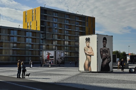 Breda, Netherlands - October 16, 2016: The ChassÃÂ© park with visitors during the Bredaphoto 2016 event, with Ralf Mitsch's photography in the foreground, under the cloudy skyのeditorial素材