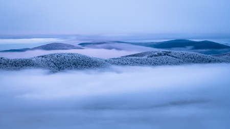 Misty winter morning in the mountains. Bieszczady National Park, the Carpathians, Poland