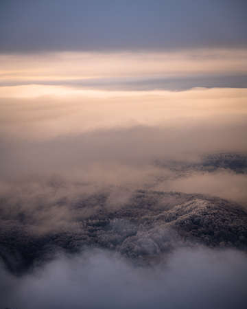 Misty winter morning in the mountains. Bieszczady National Park, the Carpathians, Poland
