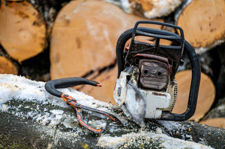 A lumberjack equipment. A chainsaw and a hand lifting tongs.の写真素材