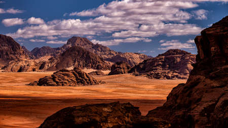 An outstanding desert-mountain landscape. Wadi Rum Protected Area, Jordan.の写真素材