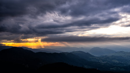 Sunset in the Rarau mountains, Eastern Carpathians, Romania.の写真素材