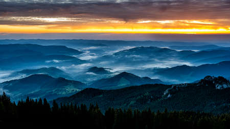 Sunrise in the Rarau mountains, Eastern Carpathians, Romania.の写真素材