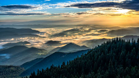 Sunrise in the Rarau mountains, Eastern Carpathians, Romania.の写真素材