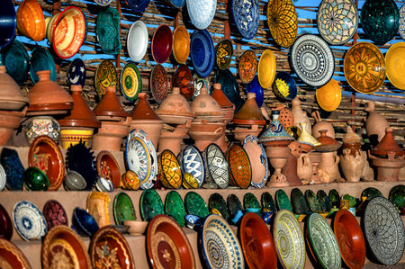 Tazentout, Ouarzazate, Morocco - November 28, 2022 - A set of traditional, handmade Moroccan clay...