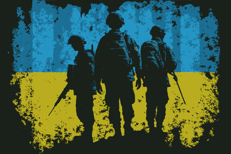 Silhouettes of 3 soldiers against the background of the flag of Ukraine.の写真素材