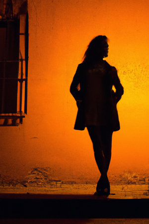 Generative AI blurred background with a silhouette of an attractive young woman standing in the street.の素材