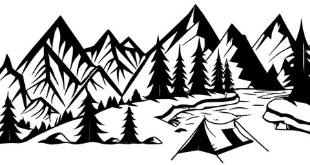 Landscape of high mountains with a tent near the river.のイラスト素材