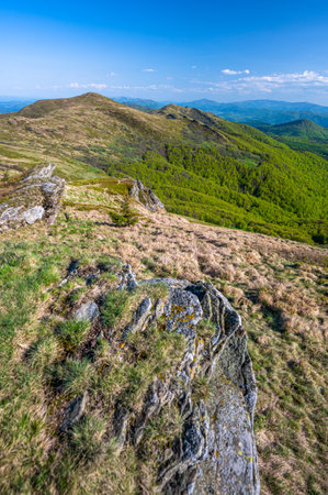 Spring landscape of the Bieszczady Mountains. A view of the Mount Halicz.の写真素材