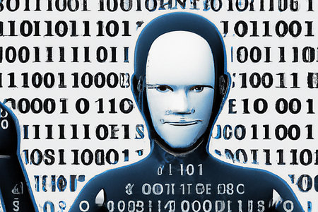 Cyber image of artificial intelligence as a robot on a background of programming codesの写真素材