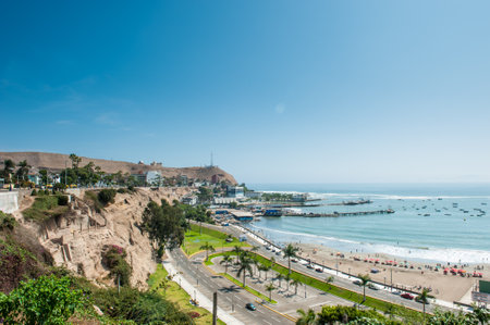 Aerial view of chorrillos district beach and port in Lima, Peruの写真素材