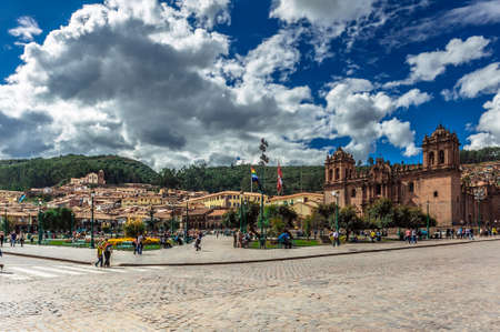 The cathedral and on the Plaza de Armas in Cusco, Peru, South America.のeditorial素材