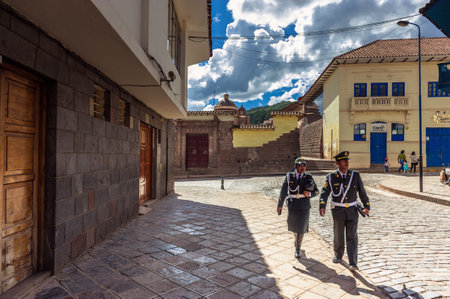 the police are walking in the streets of Cusco,Peru