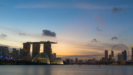 Singapore city skyline and view of Marina Bay at sunsetのeditorial素材