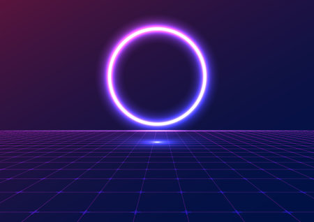 Pink Purple Neon Glow Circle Floating Ring and Grid Floor Retro Future Cyberpunk Abstract Background, Cyberpunk, Magic, Portal, Retro Future Conceptのイラスト素材