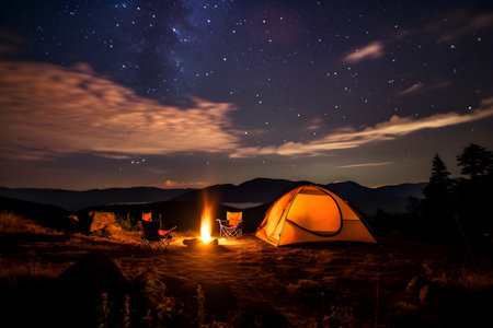 Camping activity, camper setting a yellow tent in the moutains, chairs by campfire, beautiful and majestic landscape at night, sky full of stars, Generative AIの素材