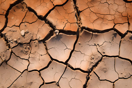Drought land, dry soil ground in desert area, cracked mud in arid landscape. Shortage of water, water scarcity, climate change, global warming concept, close up shot, top view. Generative AIの素材