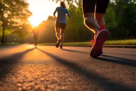 Legs of three women running, group of young women jogging in the park under beautiful  sunlight. Fitness, wellness, healthy lifestyle, motivation, productive concept. Generative AIの素材