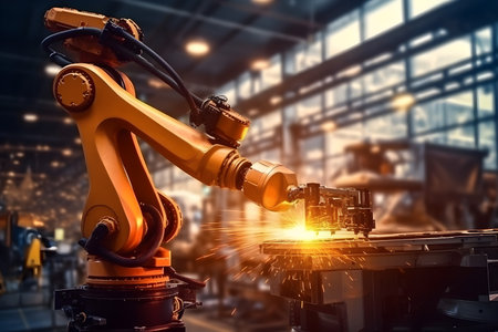 Hi-tech orange robotic arm, automatic robot hand for welding in heavy industry,  hyperautomation, automated machine learning concept. Generative AIの素材