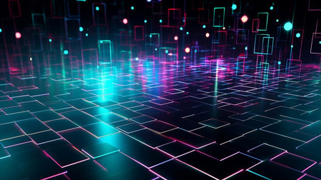 Cyan blue and purple color square with neon glow light lines design on ther floor, creativity, digital, internet, cyberpunk, innovation concept, hi-tech abstract backgroud. Generative AIの素材