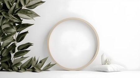 Wooden frame mock up, decorated with green leaves plant and vase backdrop, organic product showcase, modern and mimimal style white background with copy space. Generative AIの素材