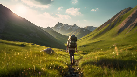 A young women with backpack trekking in the mountains, walking in the field, beautiful landscape background, wanderlust, vacation, outdoor activity, exploration, summertime concept. Generative AIの素材