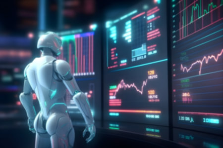 Artificial intelligence robot standing in front of graphs and financial data display on screen, stock trading bot, automated trading system, futuristic technology illustration. Generative AIの素材