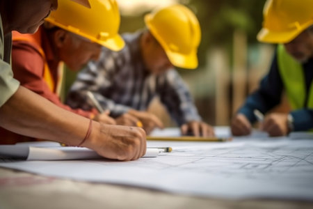 Foreman engineer and workers wearing safty helmet reading blueprint discussing at construction site, teamwork, industry, construction, engineering concept illustration. Genenative AIの素材