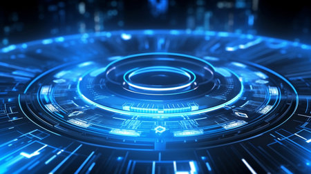 Neon glow blue tech circle, digital circuit, hi-tech, innovation, engineering, telecommunication, internet, cyber concept futuristic technology abstract background. Generative AIの素材