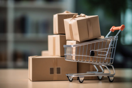 Tiny shopping cart and parcels on the table at home, delivery service, e-commerce, online shopping and marketplace concept. Generative AIの素材