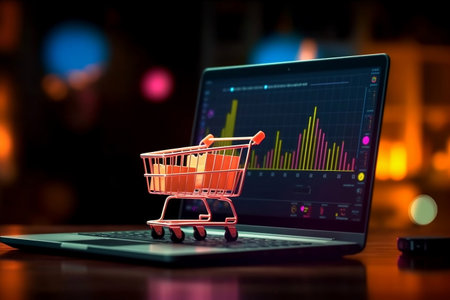 Sales growth chart and tiny shopping cart on the computer notebook with blurred bokeh background, e-commerce, marketing analysis, business concept. Generative backgroundの素材