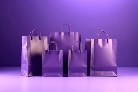 Mock up of a group of blank purple color shopping bags isolated on purple background. Commercial advertising for fashion product, black friday and halloween promotion discount concept. Generative AIの素材