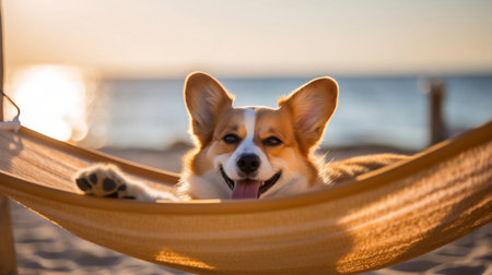 A cute corgi dog smiling while relaxing in hammock at the beach in summer morning while sunrising.  Generative AIの素材